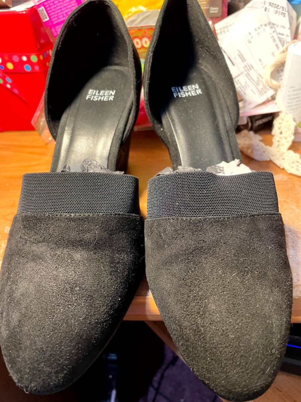 EILEEN FISHER BLACK SUEDE D'ORSAY WEDGE HEEL SHOES SIZE 9 MADE IN ITALY DUST JCK